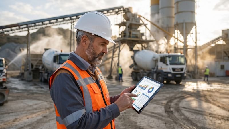 Construction Manager Calculating ROI at Concrete Plant