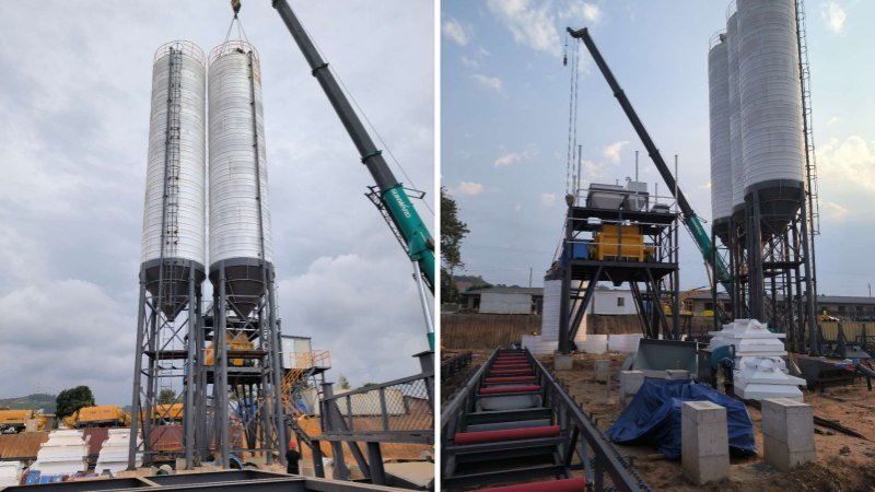 Cranes Lifting Heavy Cement Silos For Concrete Plant Assembly