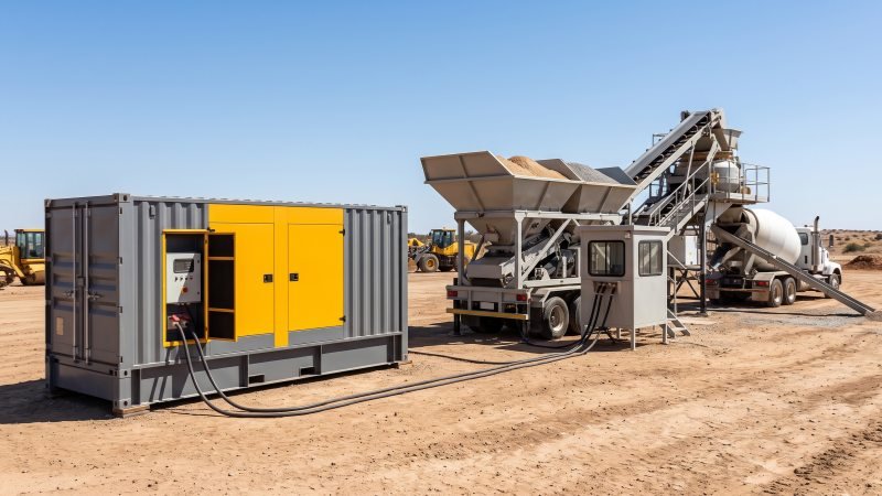 Industrial diesel generator powering a mobile concrete batch plant