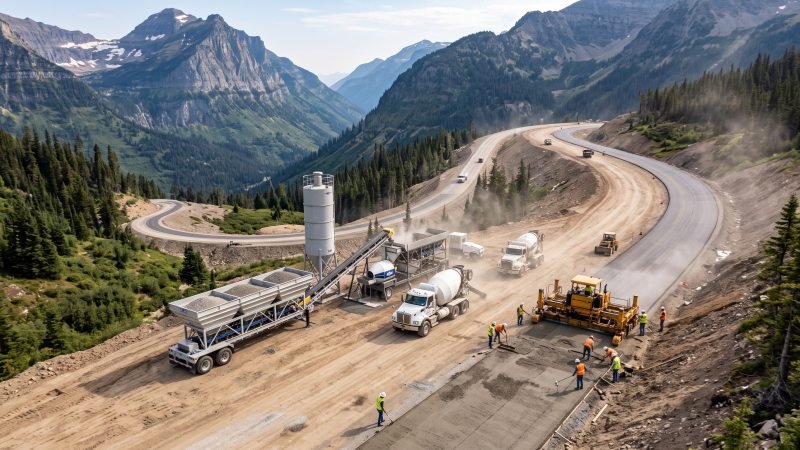 Mobile concrete plant working on remote mountainous highway project