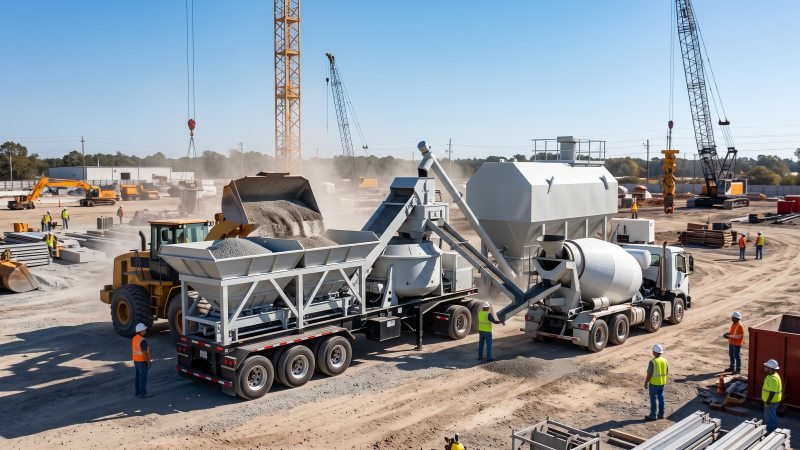 Modern mobile concrete batch plant on construction site