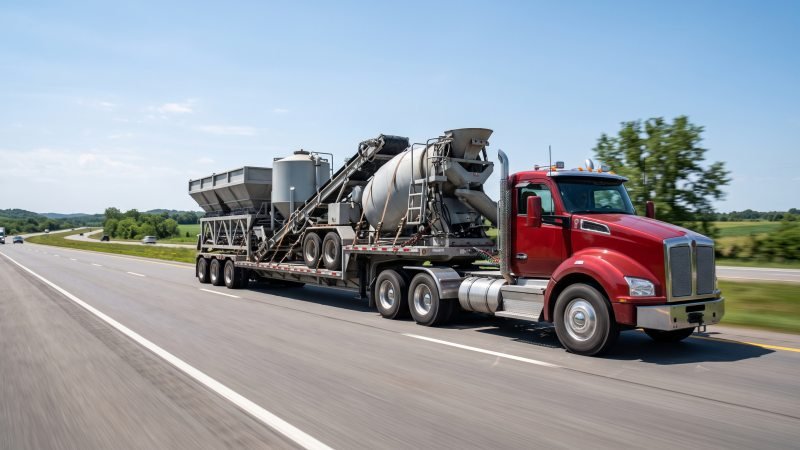 Semi Truck Towing Mobile Concrete Plant On Highway