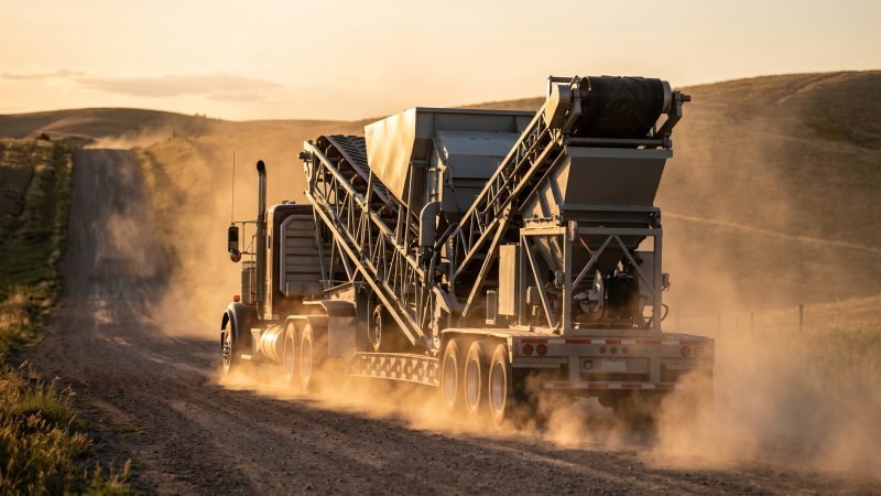 Semi truck towing a folded mobile concrete batch plant