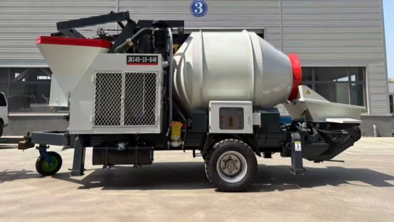 Side View Of Compact Concrete Mixer Pump On Towable Chassis