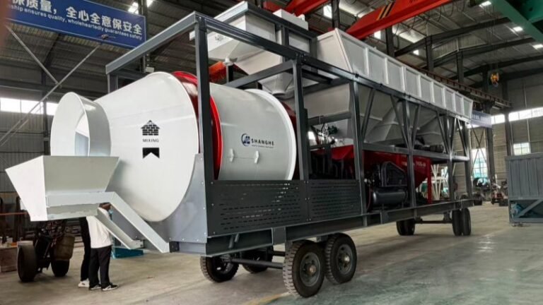 Side View Of Mobile 60 Concrete Batching Plant On Trailer Chassis