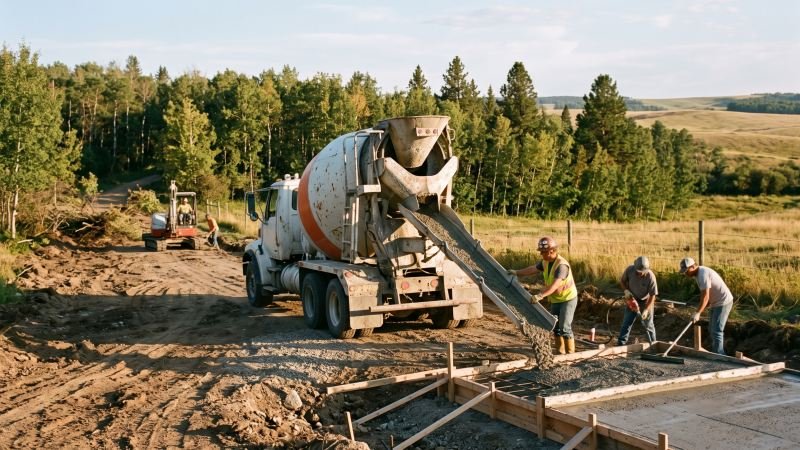 Transit Mixer Truck Pouring Concrete In Rural Area
