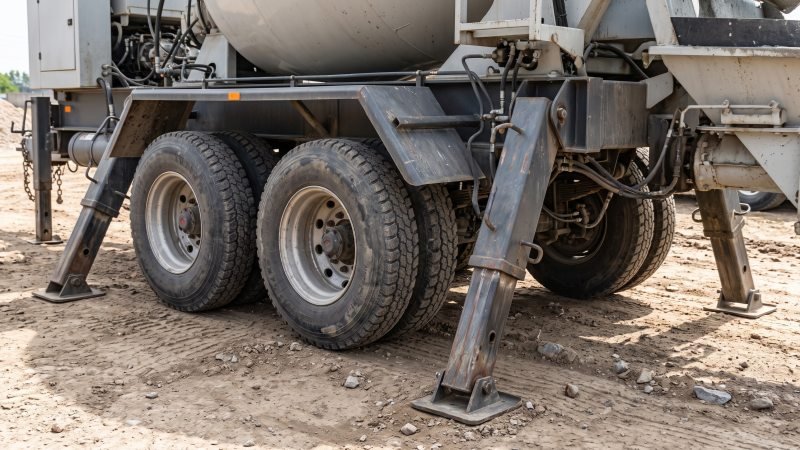 Wheeled chassis and steel support legs of portable batch plant