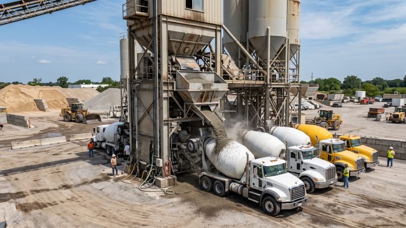 Concrete Mixer Trucks Loading at Plant