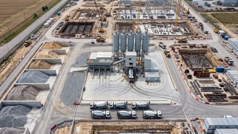 Construction Site Aerial View with Concrete Plant