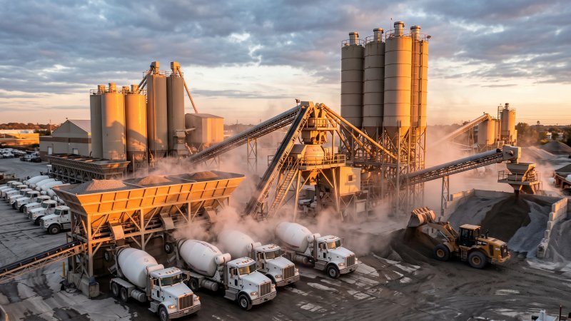 Continuous Operation Commercial Concrete Batching Plant At Sunset