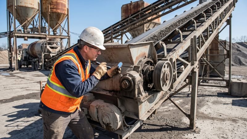 Maintenance Engineer Inspecting Concrete Plant Conveyor
