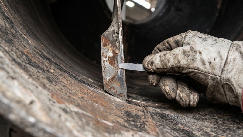 Maintenance Worker Inspecting Worn Concrete Mixer Blade Gap