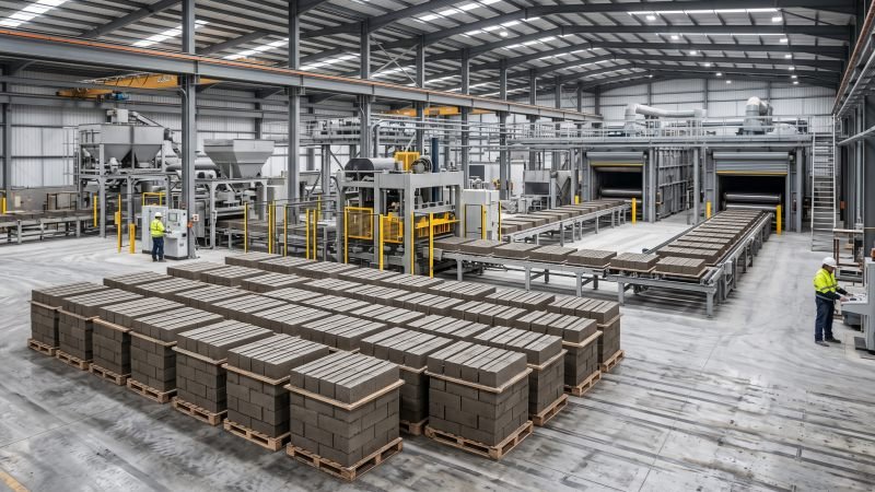 Modern automated concrete block manufacturing plant interior