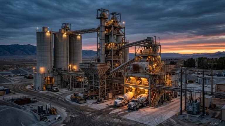 Modern concrete batch plant industrial facility at dusk