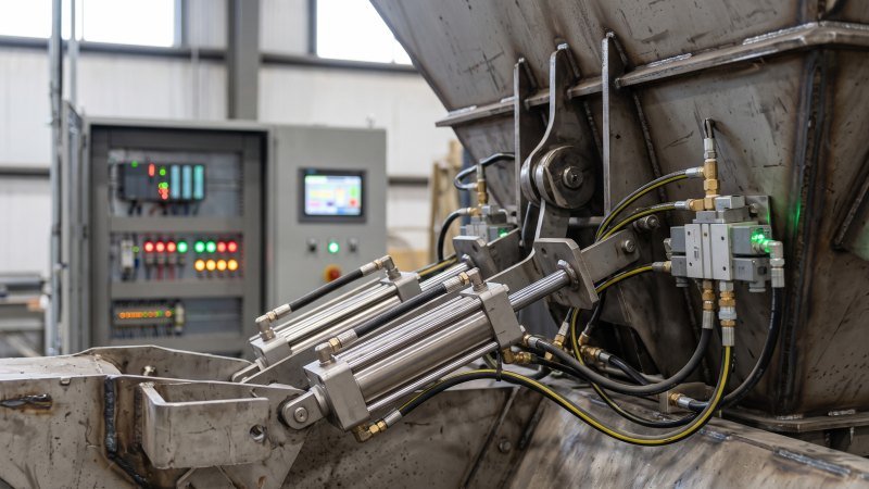 Pneumatic cylinders and air valves with electronic control panel background
