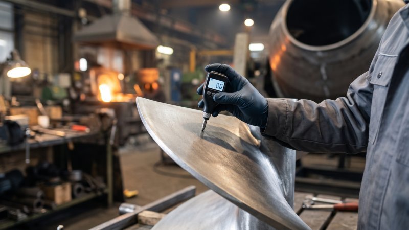 Quality Inspector Testing Hardness Of New Cast Iron Mixer Blade