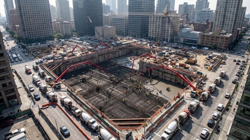 Continuous concrete foundation pouring for a tall skyscraper in a modern city