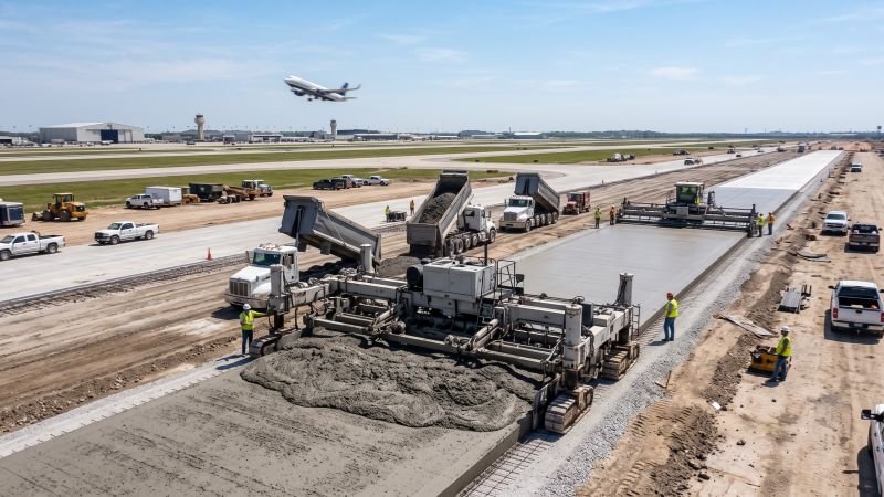 Heavy duty concrete paving machinery working on an airport runway