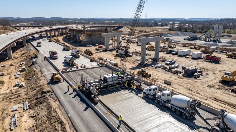 Highway and bridge construction site using heavy concrete machinery