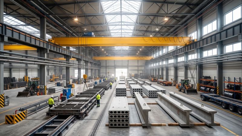 Inside a clean precast concrete manufacturing factory with steel molds