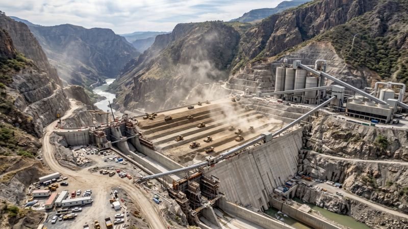 Massive hydroelectric dam concrete construction in a mountain valley