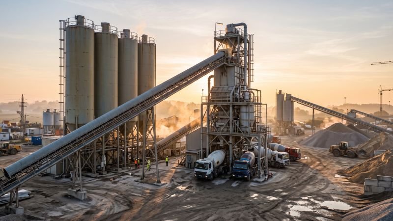 Modern concrete batching plant operating on a large construction site