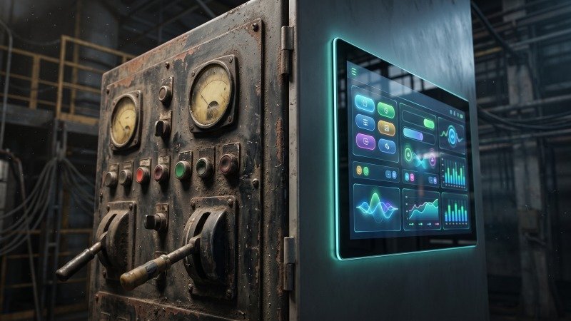 Old manual industrial buttons compared to modern touchscreen